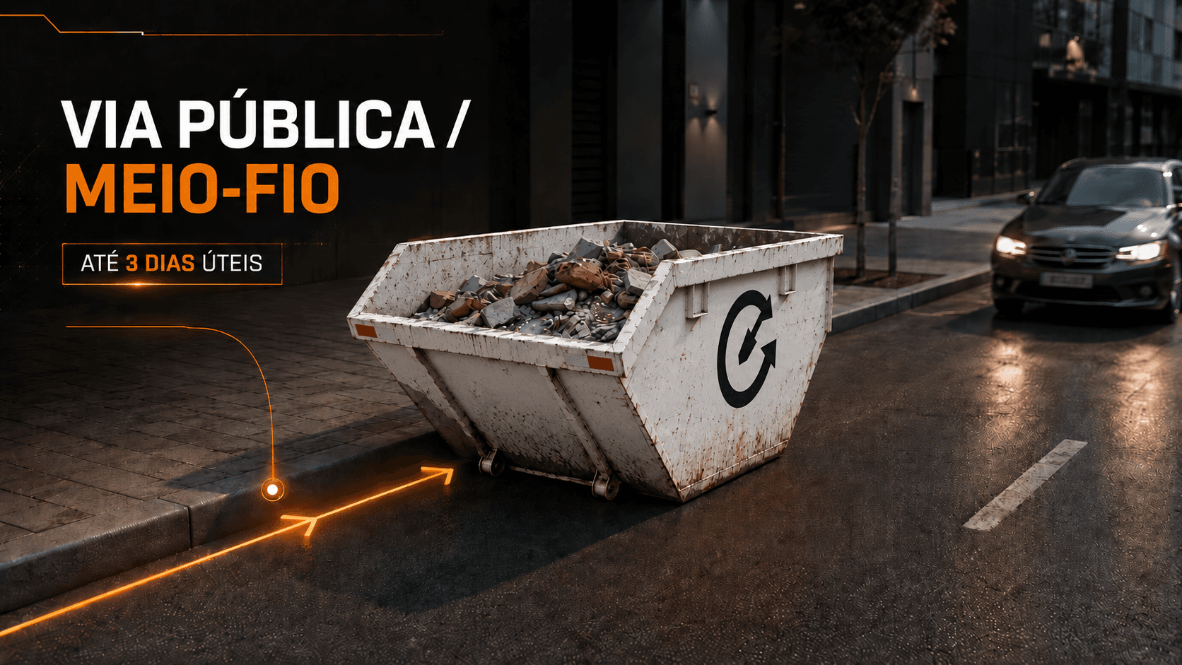 Caçamba posicionada em via pública junto ao meio-fio