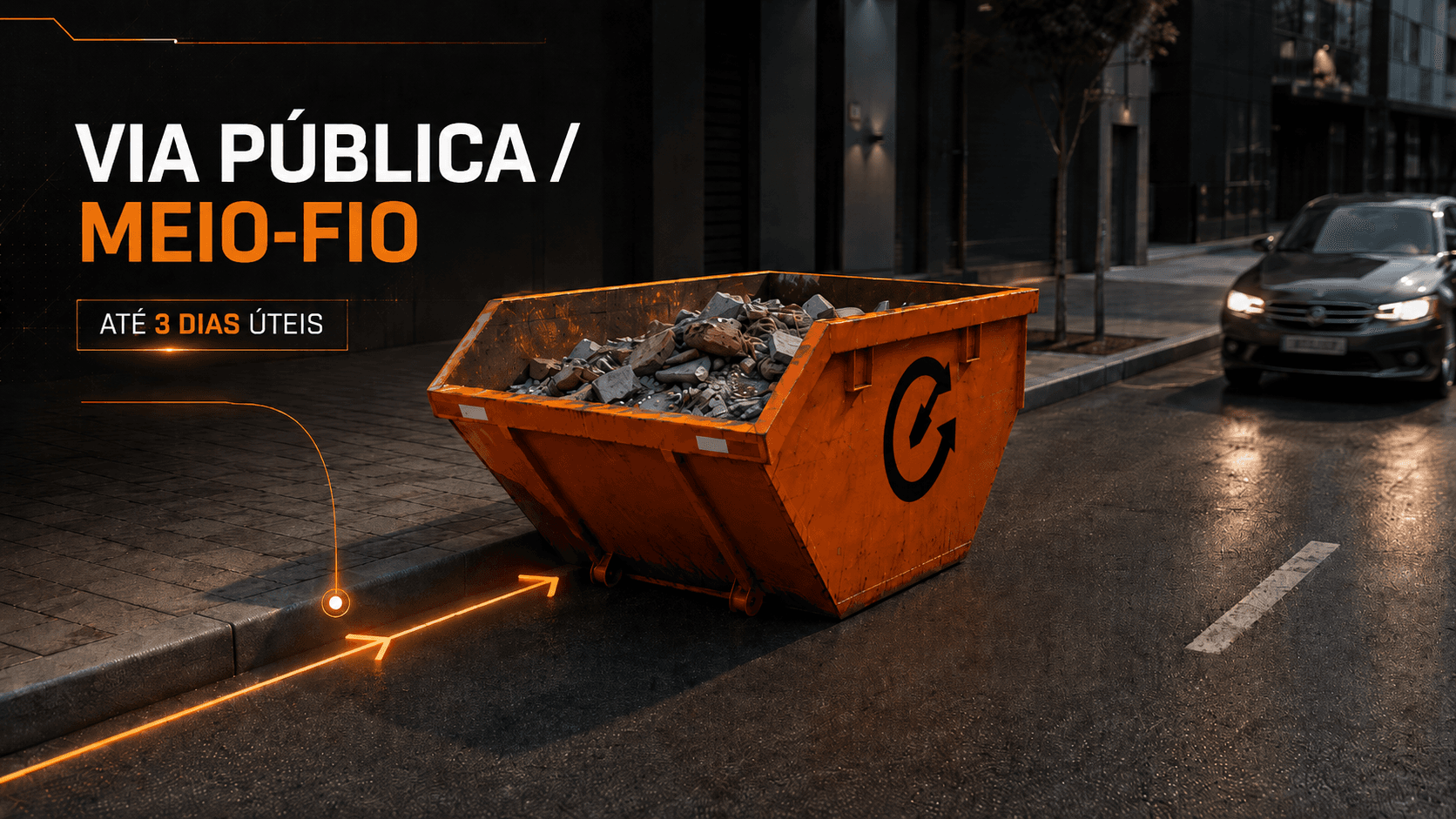 Caçamba posicionada em via pública junto ao meio-fio